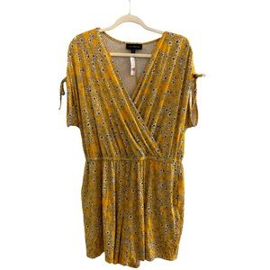 LANE BRYANT YELLOW FLORAL DRAWSTRING CAP-SLEEVE CROSSOVER ROMPER